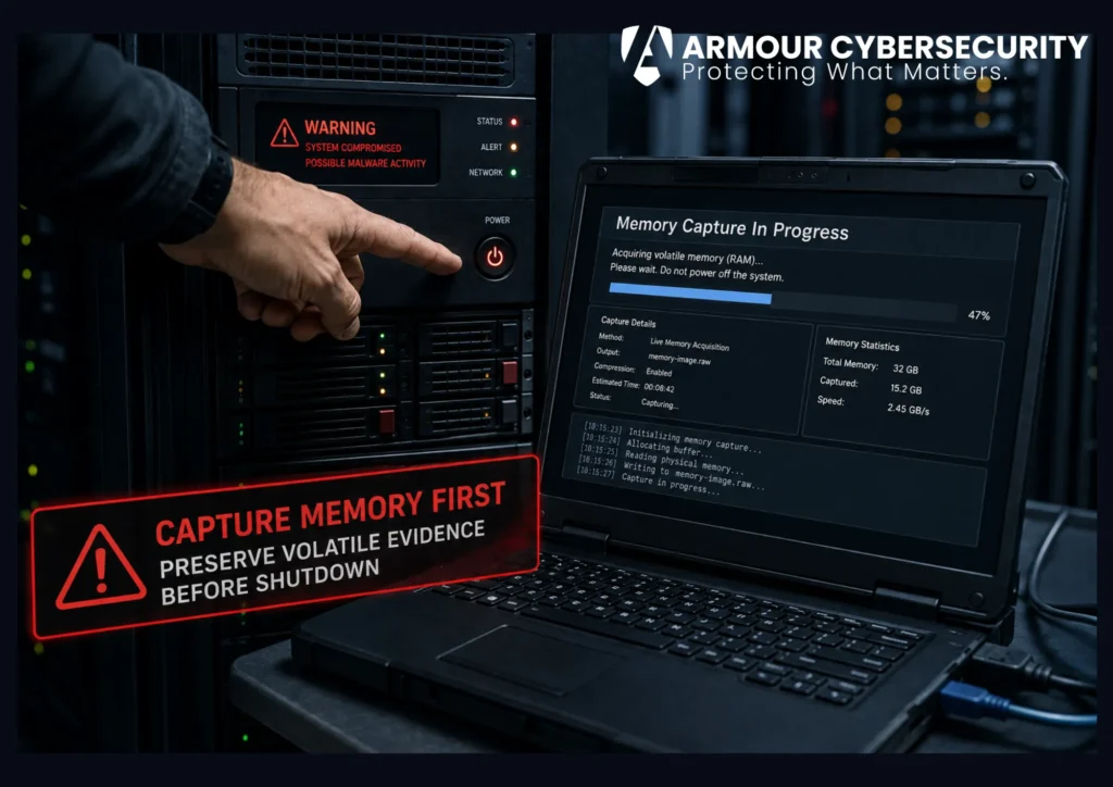 Forensic evidence preservation in a cyber incident: capturing volatile memory before a compromised system is powered down.