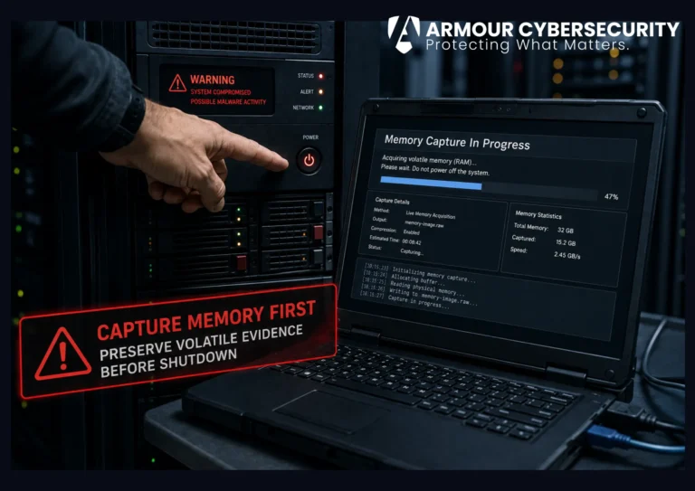 Forensic evidence preservation in a cyber incident: capturing volatile memory before a compromised system is powered down.