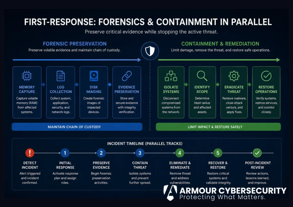 First-response forensics preserving volatile evidence in parallel with breach containment.