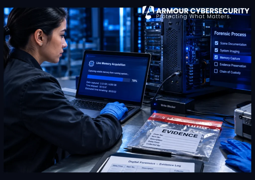 Digital forensics services for business: an investigator capturing volatile memory evidence from a breached system before shutdown.