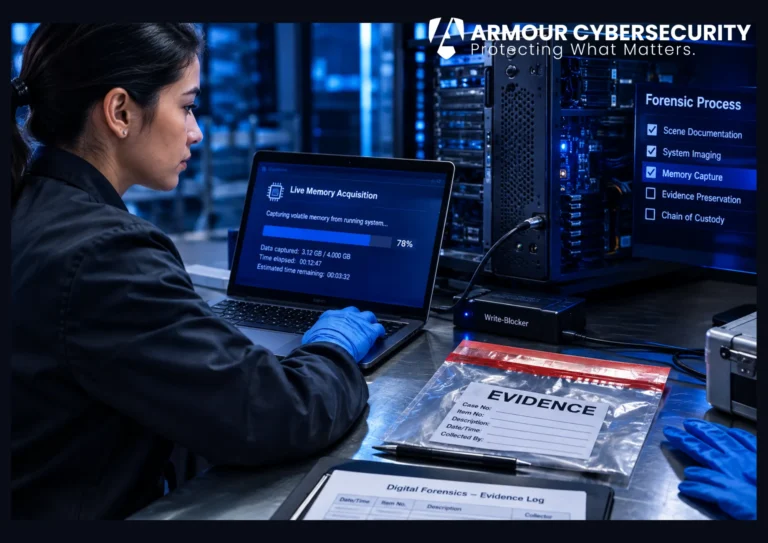 Digital forensics services for business: an investigator capturing volatile memory evidence from a breached system before shutdown.